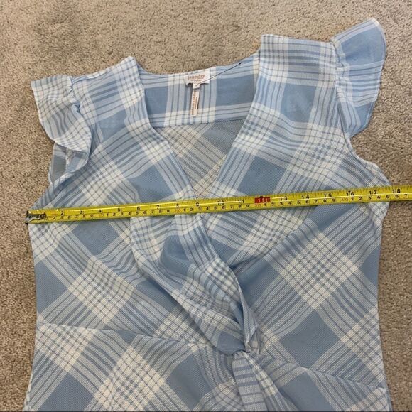 FRONT knot wrap plaid check blouse ruffle sleeve Blue white Sz S NWT - Picture 9 of 11